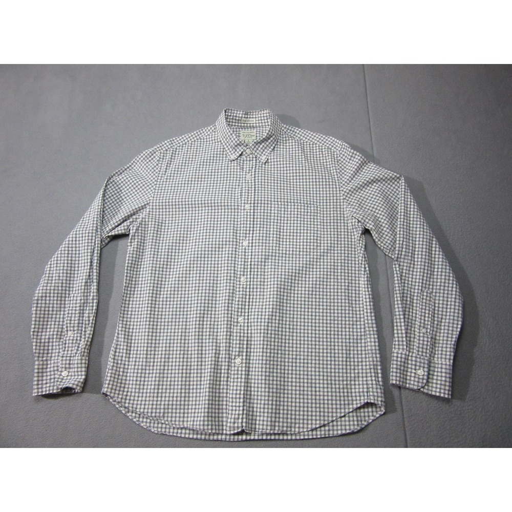 J.Crew Shirt Men Large Short White Blue Micro Check Stretch Slim Button Down